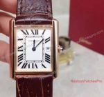 Fake Cartier Rose Gold Replica Tank Solo Watch - White Face Brown Leather 27mm